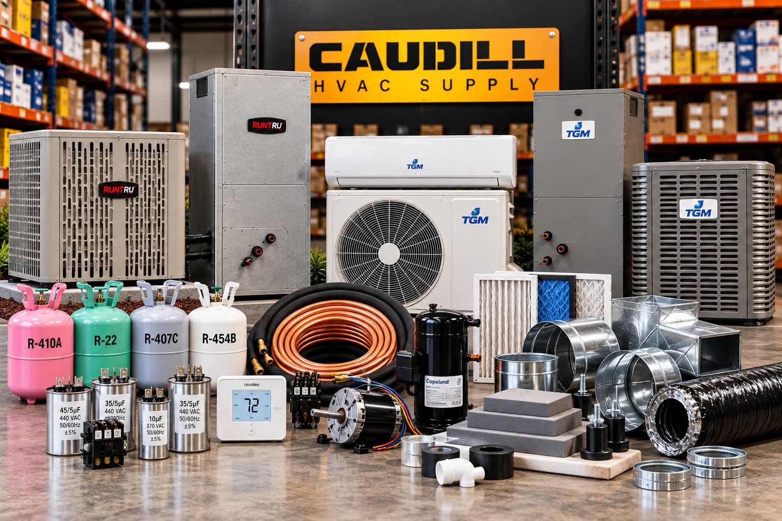 HVAC equipment and repair parts at Caudill HVAC Supply in Jacksonville, FL, featuring RunTru heat pump systems, TGM air conditioning equipment, refrigerants, compressors, motors, capacitors, thermostats and installation supplies.