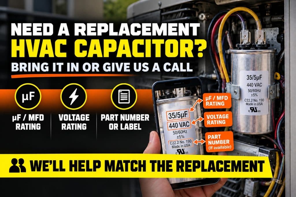 HVAC capacitor replacement guide showing MFD and voltage ratings for matching replacement capacitors at Caudill HVAC Supply in Jacksonville FL