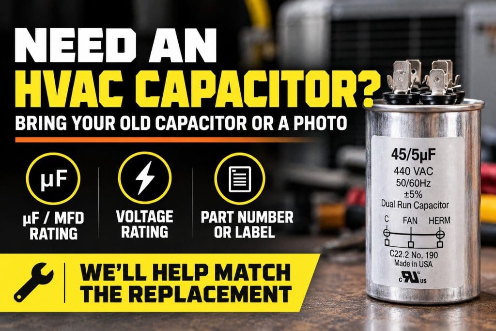 HVAC capacitor replacement matching assistance at Caudill HVAC Supply in Jacksonville, FL, showing capacitor ratings and specifications.