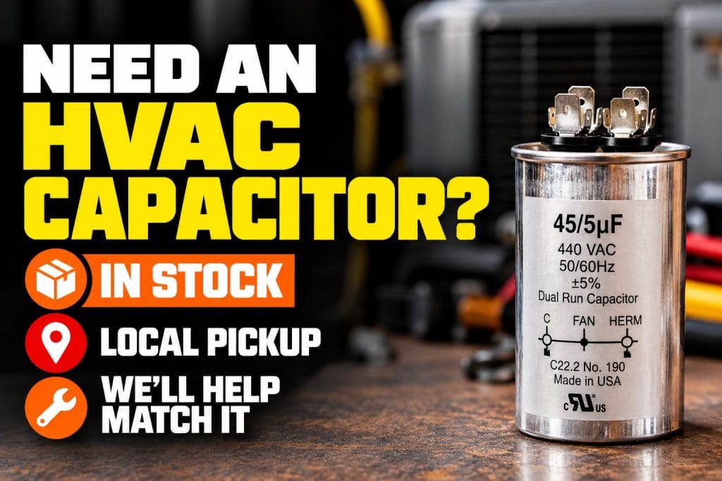 HVAC dual run capacitor available at Caudill HVAC Supply in Jacksonville, FL, with local pickup and replacement matching assistance.