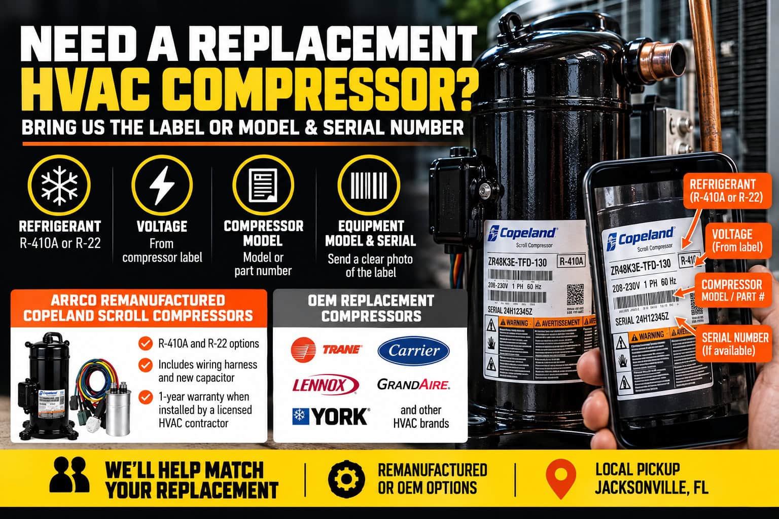 Replacement HVAC compressor matching guide for R-410A and R-22 systems in Jacksonville FL