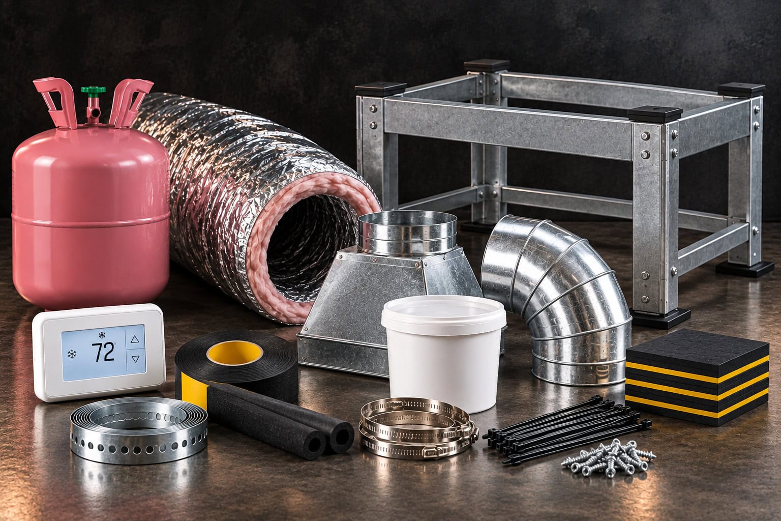 HVAC installation supplies including flex duct, refrigerant, thermostat, duct fittings and air handler stand