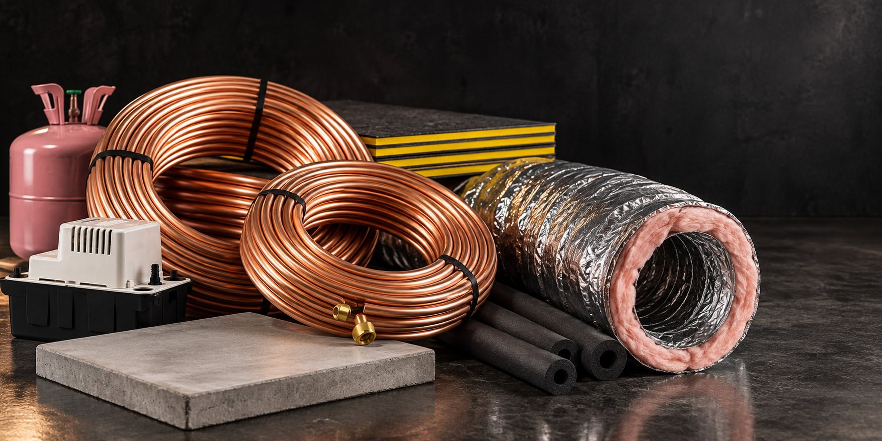 HVAC installation supplies including copper line sets, flex duct, refrigerant and condensate pumps