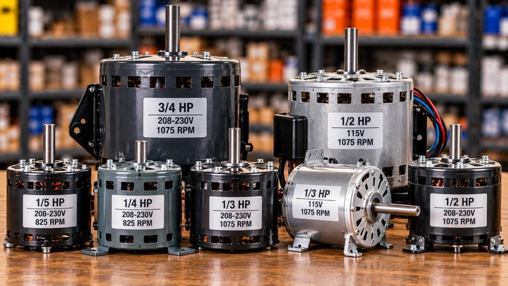 HVAC blower and condenser fan motors in various HP, voltage and RPM ratings at Caudill HVAC Supply in Jacksonville FL