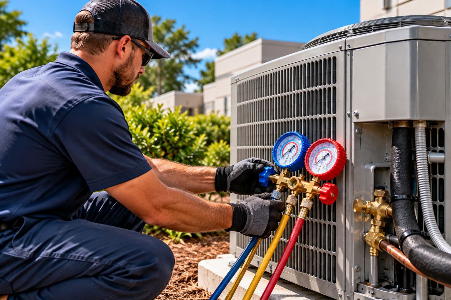 HVAC technician using refrigerant manifold gauges to service an outdoor air conditioning condenser.