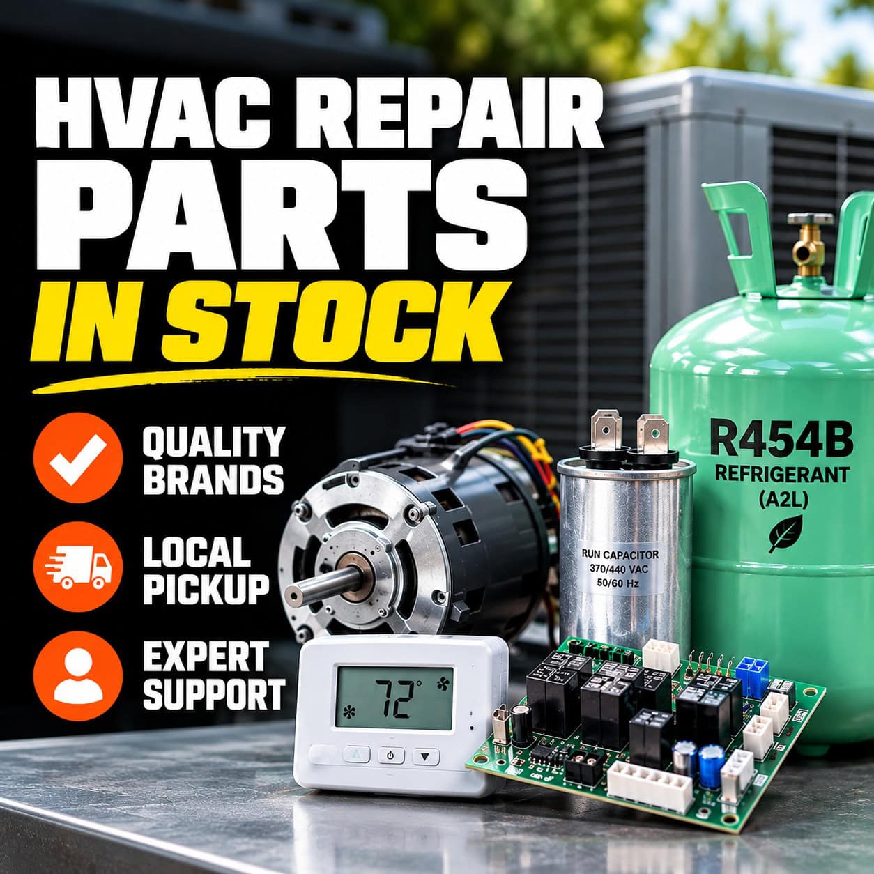HVAC repair parts including motors, capacitors, thermostats, control boards and refrigerants at Caudill HVAC Supply in Jacksonville, FL.