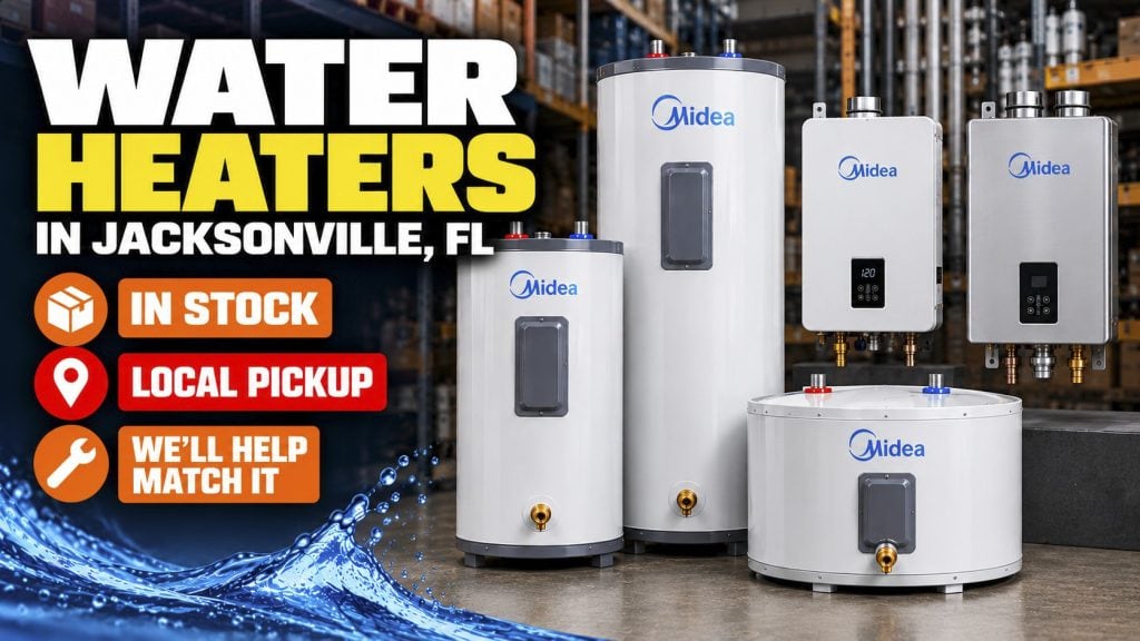 Midea electric tank and tankless water heaters available through Caudill HVAC Supply in Jacksonville, FL
