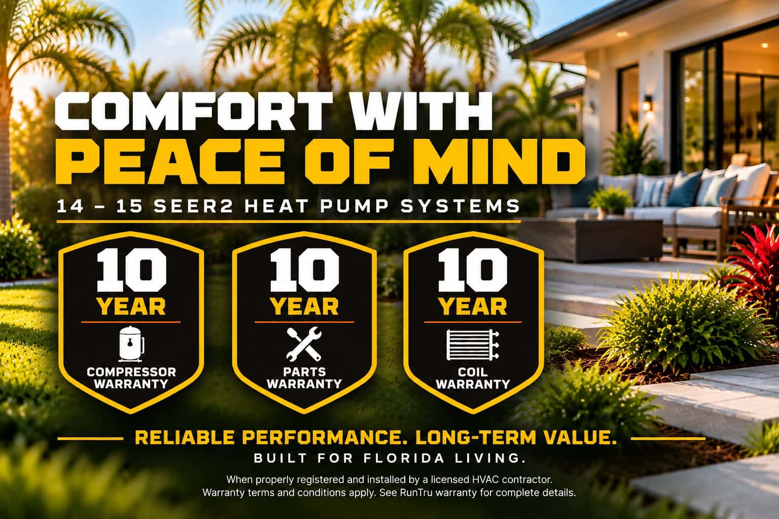 RunTru 14–15 SEER2 heat pump systems with 10-year compressor, 10-year parts and 10-year coil warranty coverage for added peace of mind.