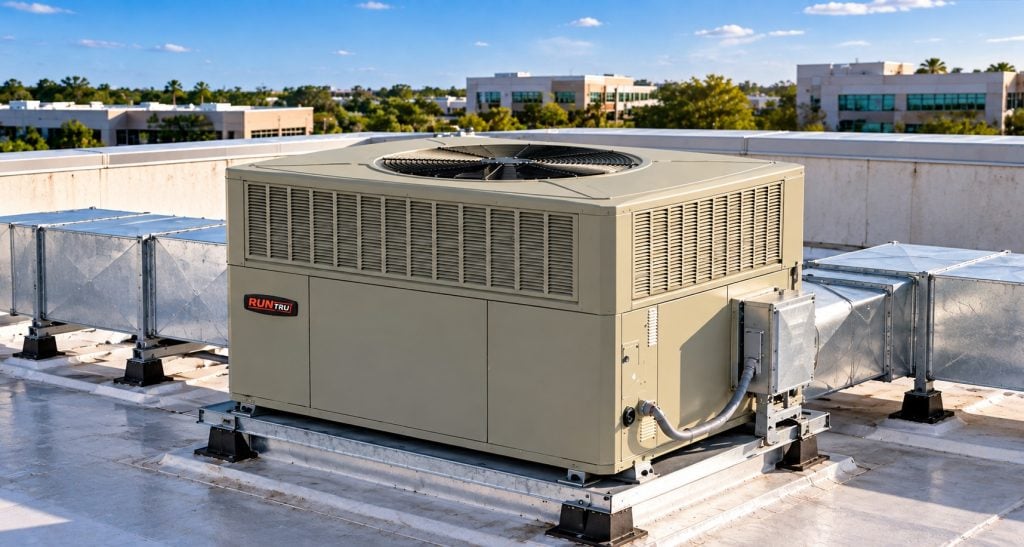 RunTru 13.4 SEER2 package heat pump rooftop installation for light commercial HVAC application